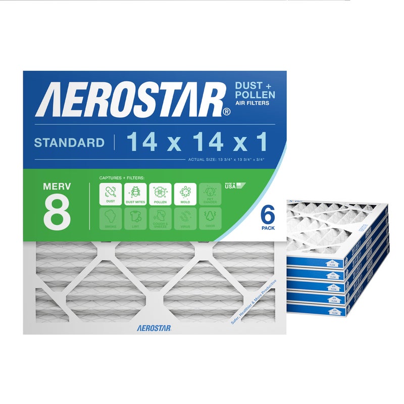 Aerostar 14x14x1 MERV 8 Air Filter, 6 Count, ACTUAL SIZE (13.75 x 13.75 x 0.75), HVAC, Air Conditioning & Furnace Filter Captures Dust, Lint & Pollen (MPR 600 / FPR 5), Made in USA - Image 1